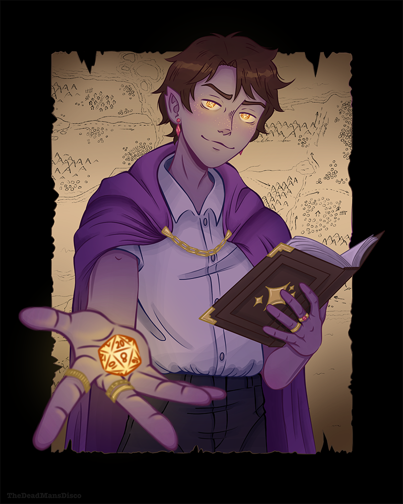A young wizard holding a D20 dice and a spellbook.