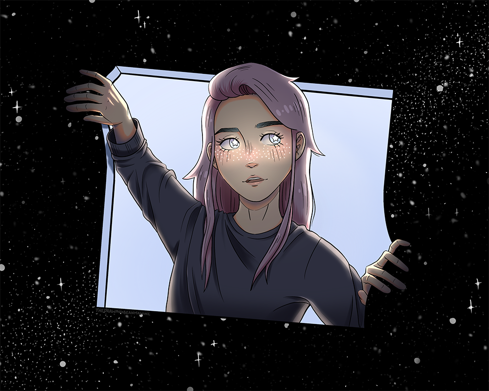 A girls face looking through a window in space.