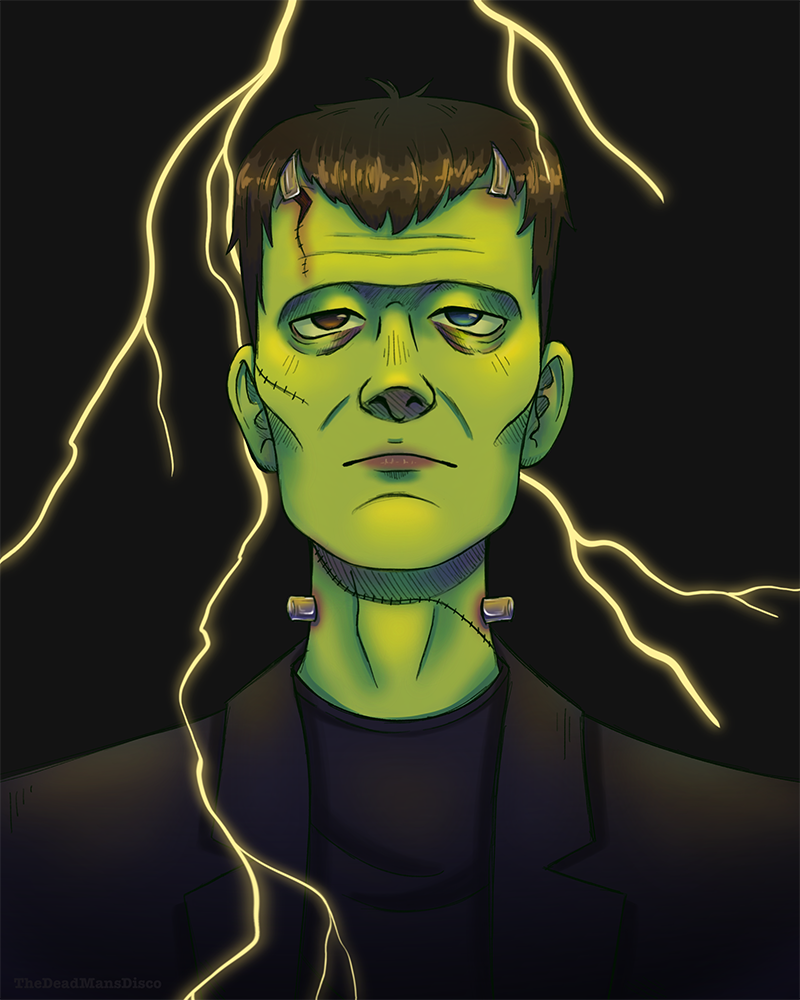 A stylized portrait of Frankenstein's Monster.