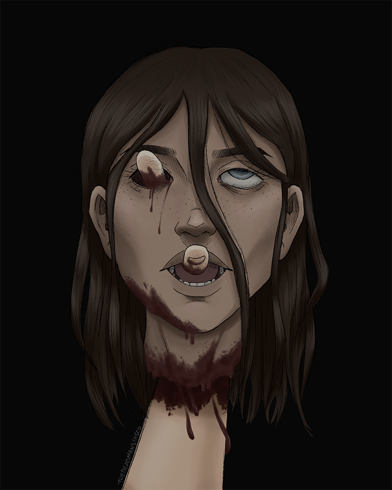 A girls face with fingers coming out of her right eye and mouth.