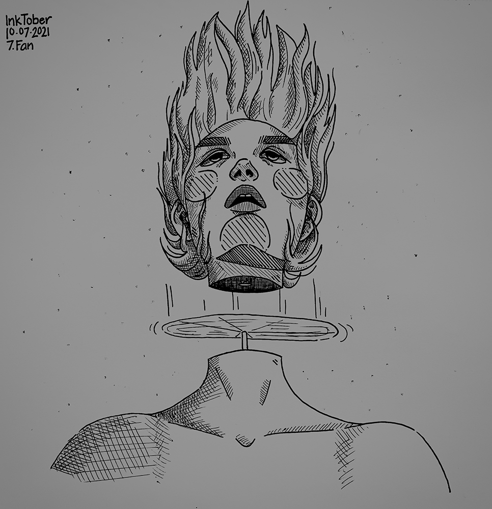 A girl with a fan around her neck which causes her head to float above her body.