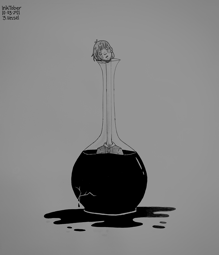 A girl with a long neck floating in a bottle of ink.