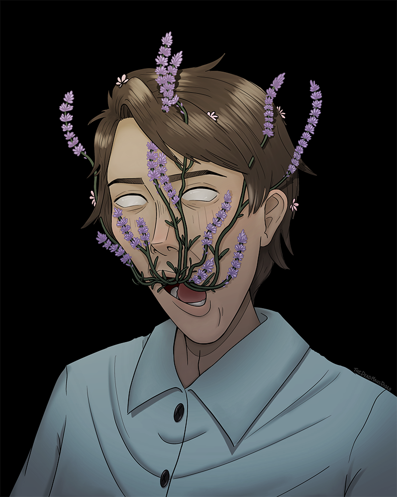 A boy with lavender plants growing out of his mouth and head.