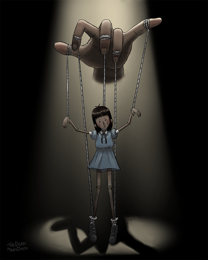 A marionette being controlled by an invisible puppetmaster.