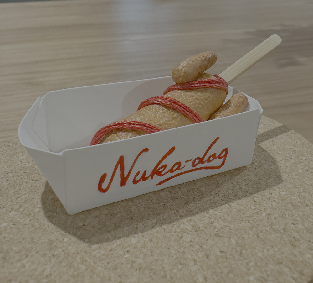 Sculpture of a Nuka Dog corndog from the game Fallout.