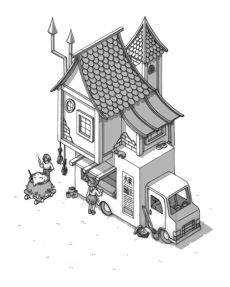A sketch of a fantasy food truck.