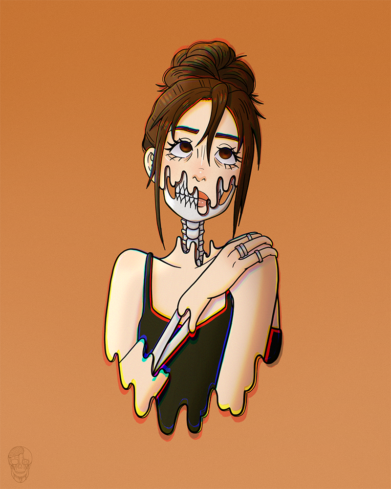 A girl whose skin is melting away to reveal her skeleton.