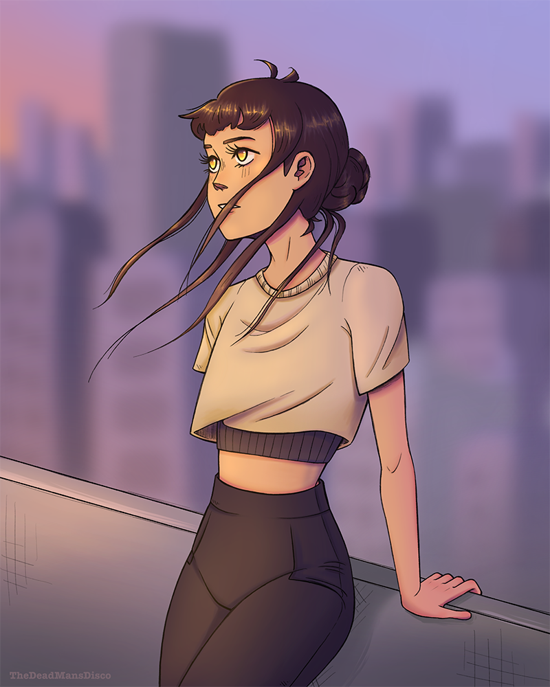 A girl leaning on a roof-top railing.